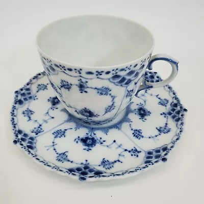 Buy Vintage Royal Copenhagen Blue Fluted Full Lace Border Matching Teacup Saucer Set • 75.59£