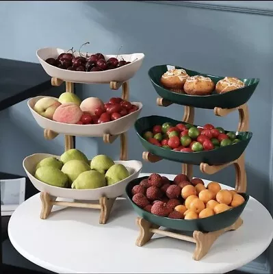 Buy Three Layer Table Plates Dinnerware Wooden Kitchen Fruit Bowl With Floors • 24.99£