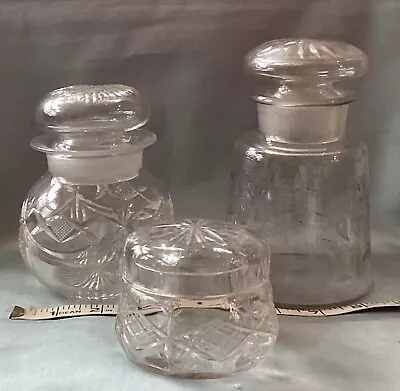 Buy 3 Antique Vintage Moulded Cut Glass Storage Jars C1900-30 • 16.50£