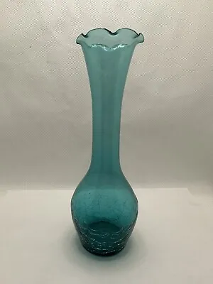 Buy Vintage Teal Blue Crackle Glass Vase W/ Fluted Rim 7 7/8  Tall • 9.20£