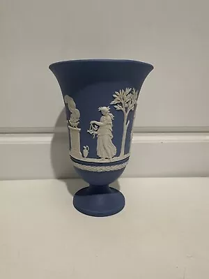 Buy Wedgwood Blue Jasperware Sacrifice Figures Tall 7 1/2  Trumpet Footed Vase 1970 • 54.99£
