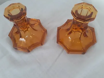 Buy Vintage Art Deco Amber Glass Pair Candlestick Holders Mantel Piece Display • 49.99£