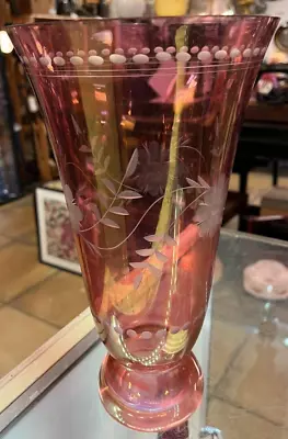 Buy Vintage Cranberry Floral Etched Vase • 20£