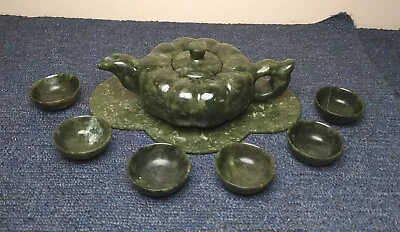 Buy Boxed Carved Chinese Spinach Green Jade Tea Set Pumpkin Teapot Tea Bowls & Tray • 49.99£