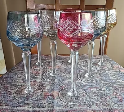 Buy Wine Hock Glass Bohemian Color Flash Cut Crystal SET 7 VINTAGE • 47.46£