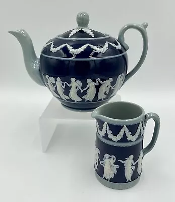 Buy Vintage Copeland Spode Dancing Hours ~ Cobalt Blue Jasperware Tea Pot & Milk Jug • 64.99£