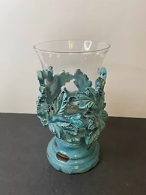 Buy Victorian Teal Acanthus Leaf Clear Glass Hurricane Vase Candle Holder Pedestal 9 • 27.55£