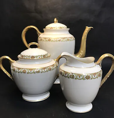 Buy Vintage Limoges France China Gold Floral Coffee Pot Lidded Sugar & Cream Jug • 30£