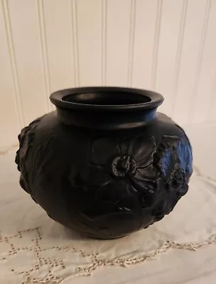 Buy Antique Tiffin Black Amethyst Satin Glass Raised Relief Poppy Vase Art Deco  • 46.33£
