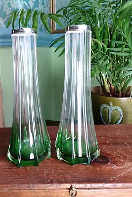 Buy PAIR Of ANTIQUE GREEN To CLEAR GLASS VASES ~ STERLING SILVER COLLARS LONDON 1914 • 35£