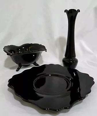 Buy Black Amethyst Glass Plate, Bowl & Bud Vase - Ruffled Edges • 22.77£