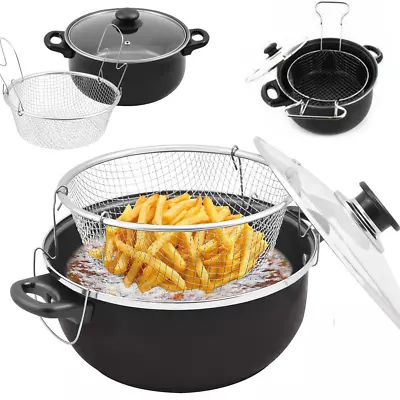 Buy Large 24cm Chip Pan Deep Fat Fryer Cooking Pot Frying Basket With Glass Lid Set • 9.89£