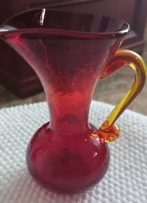 Buy Vintage Hand Blown Ruby Red - Orange Crinkle Amberina Art Glass Vase Pitcher • 16.12£