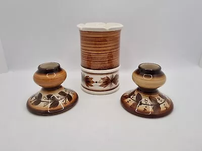 Buy Vintage Jersey Pottery Candle Holders & Vase Handmade Handpainted Brown Flowers • 19.99£