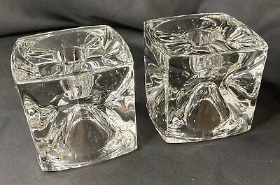 Buy 2 Vtg  Mid Century Modern Ice Cube Candle Holders Clear Handcrafted Czech Glass • 20.84£