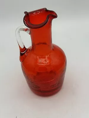 Buy Vintage Small Hand Blown Crackle Art Glass Vase With Applied Handle Red • 16.13£