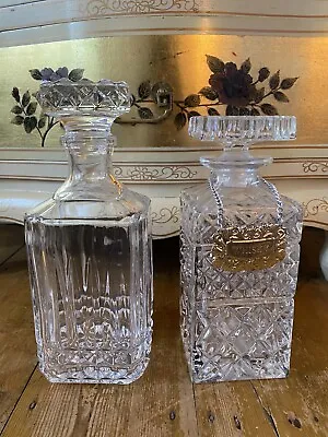 Buy 2x VINTAGE HEAVY CUT GLASS SQUARE WHISKY GLASS DECANTERS LARGE STOPPERS CW • 19.99£