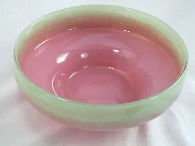 Buy Large Vintage Art Glass Bowl Unsigned Vasart Pink With Green Rim • 45£