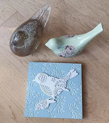 Buy Bird Ornament Bundle Laura Ashley Tile Picture Glass Ceramic Bird Crackle Glaze • 3£