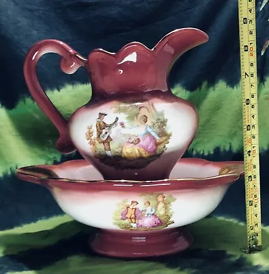 Buy 9  Pastal Red Pink Wash Jug & Bowl STAFFORDSHIRE K H POTTERY Lovers Water Basin • 45£