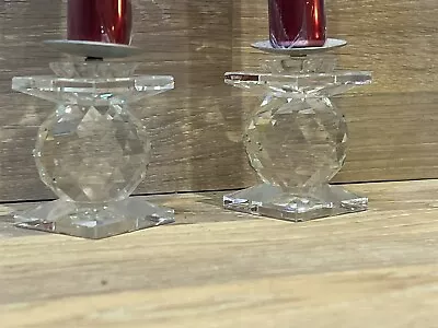 Buy Set Of 2 Crystal Cut Glass Candle Holders Include 2 Large Red Xmas Candles • 5.55£