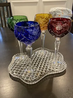 Buy Set Of 4 Bohemian Multicolor Hock Stem Wine Glasses Goblets Floral Cut To Clear • 237.09£
