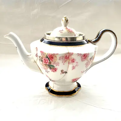 Buy George Jones Crescent Set Blue Pink Teapot Sterling Hallmark Nouveau Pink Roses • 57.01£