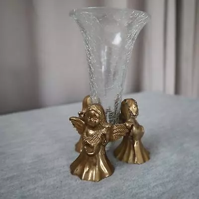 Buy Vintage Solid Brass Three Cherub Christmas Angel Crackle Glass Vase • 18.68£