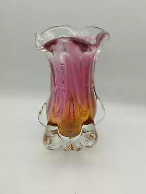 Buy Vintage Bohemian Art Glass Vase Heavy Pink Orange • 39.99£