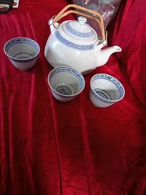 Buy Vintage Chinese Porcelain  Rounded Teapot With Wicker Handles + 3 Cups • 19.99£