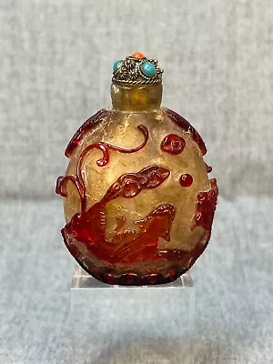 Buy Antique China Cameo Peking Crackle Glass Overlay Tigers Bats Lions Snuff Bottle • 154.16£