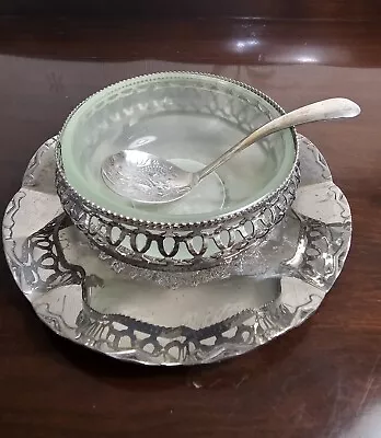 Buy Vintage Silver Plated Stand Pale Green Glass Serving Bowl And Spoon • 15£