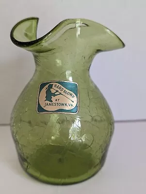Buy Hand Blown At Jamestown Virginia Vintage Green Crackle Glass Vase Ruffle Rim MCM • 15.39£