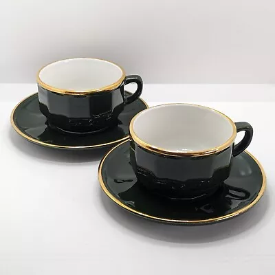 Buy Pair Of Apilco 'Bistro' Breakfast Cup & Saucers, Green & Gold, Vintage Tableware • 24£