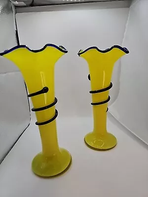 Buy Pair Of Czech Bohemian Yellow Tango Glass Vase Applied Blue Swirl • 70£