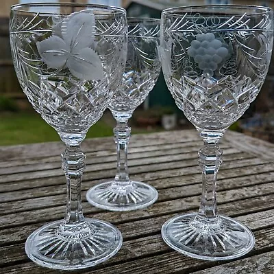Buy Royal Brierley Vintage Cut Crystal Wine Glass With Grapevine Design 16.5cm Tall • 23.99£