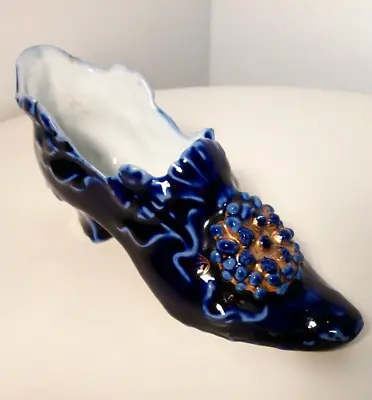 Buy Antique Porcelain- 'Shoe' Boot Planter -Miniature Shoe Ornament- Cobalt Blue GC • 18£
