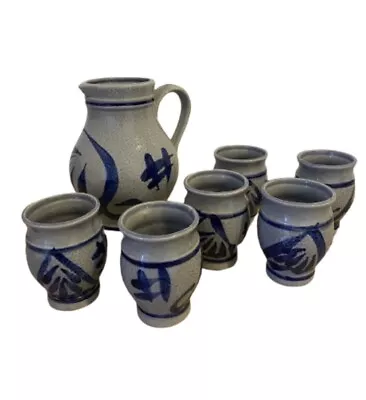 Buy Vintage Pottery Jug Pitcher & 6 Beakers Cobalt Blue Decorative Salt Glaze Set • 9.99£