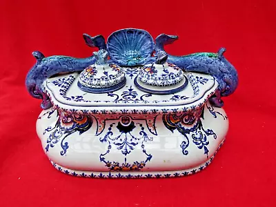 Buy GIEN Faience Antique Double Inkstand Inkwell With Dolphins And Scallop Shell • 59.99£