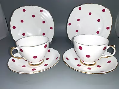 Buy Royal Vale  RED POLKA DOT Bone China: 2x Trio (Cup, Saucer And Plate): Fantastic • 18£