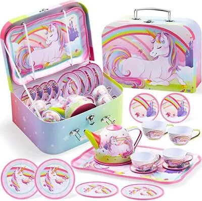 Buy JOYIN Unicorn Tea Party Set For Girls Pretend Tin Teapot Carrying Case Kids Gift • 29.62£