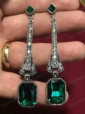Buy Vintage Style Art Deco Egypt Geometric Large Drop Earrings Green Glass Crystal • 7.95£