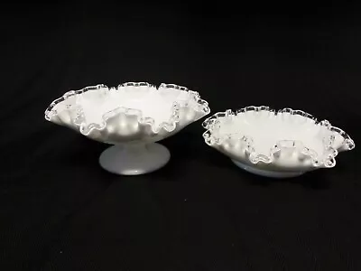 Buy Vtg Set 2 Fenton Silver Crest Milk Glass Ruffled Crimped Edge Footed Bowls 8'' • 15.41£