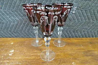 Buy 3 Ruby Red Cut To Clear Glass Wine Champagne Glasses Flutes - 9.5  Bohemian • 40.31£