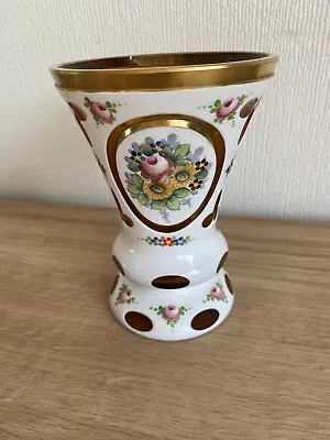 Buy Antique/Vintage Bohemian Czech Cut To Yellow Glass Vase, Hand Painted. • 35£