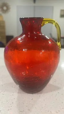 Buy Vintage Hand Blown Vintage Red Crackle Vase Yellow Handel  • 52.84£