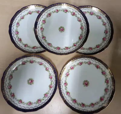 Buy 6 Antique Cauldon Ltd England Rose Gold Cobalt Porcelain Plates 8 1/4 Inch • 60£
