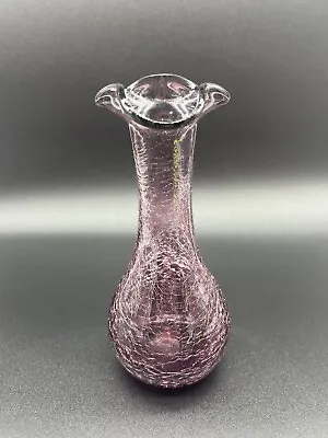 Buy Vintage Purple Amethyst Crackle Art Glass Handblown Bud Vase Ruffled Rim 7.5 In. • 19.27£