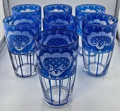 Buy Czech Bohemian Rare Blue Etched Glass Black Forest Water Glass Set Of 7 Egermann • 287.07£