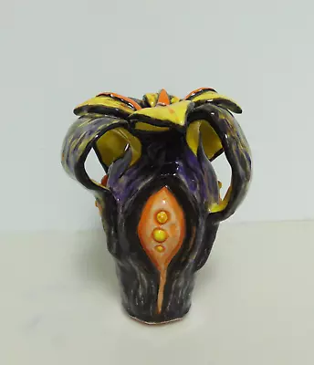 Buy Vintage Mid-Century Modern 7 1/4  Whimsical Flower Top Coloful Pottery Art Vase • 38.41£